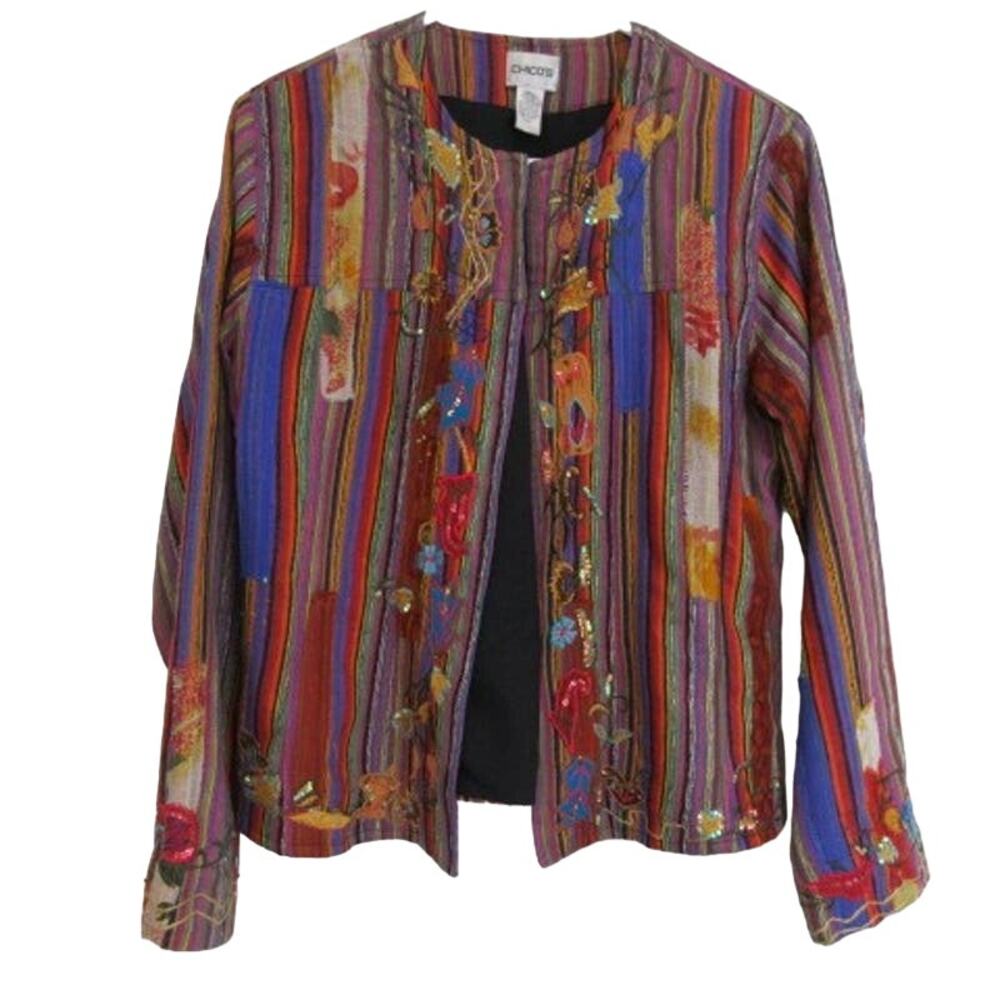 Chicos Open Front Silk Blazer Size 1 Embroidered Sequin Jacket Multicolor